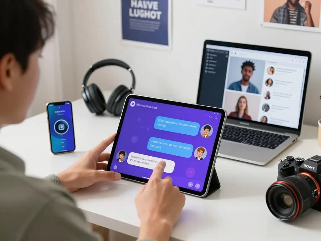 Engaging user interaction with CrushOn AI character on a modern tablet, showcasing vibrant chat interface and tech ambiance.