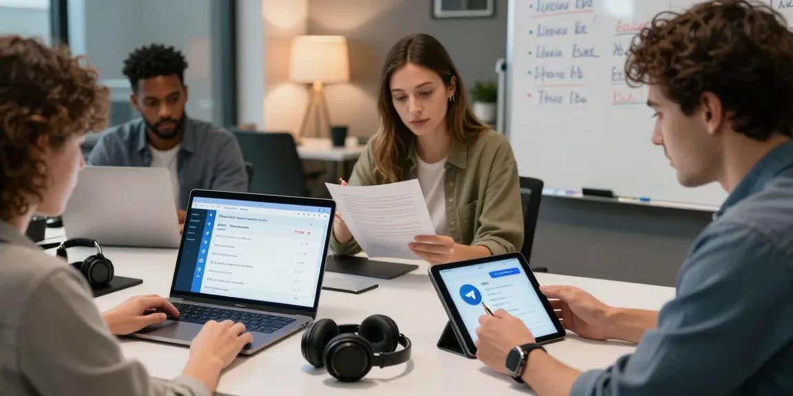 Team setting up Telegram in Chinese within a modern office workspace.