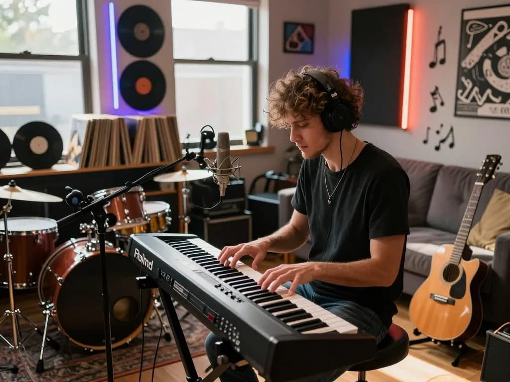 Musician performing with the VK88 organ in a vibrant music studio, showcasing creative energy and passion.