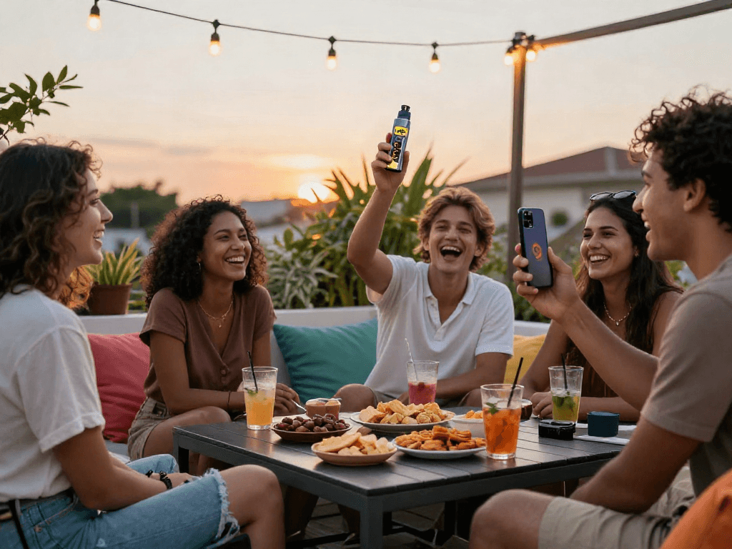 Friends enjoying evening outdoors with rokok88 products, laughter, and vibrant atmosphere.