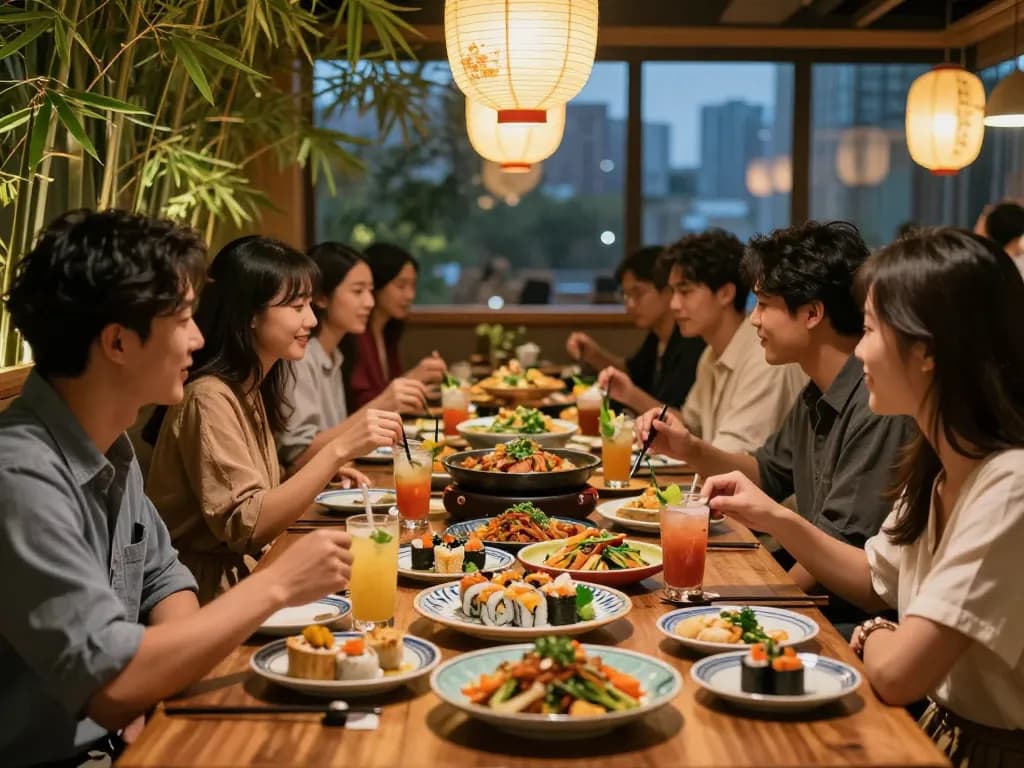 Group of friends dining with Asian dishes at RED88, showcasing vibrant atmosphere.